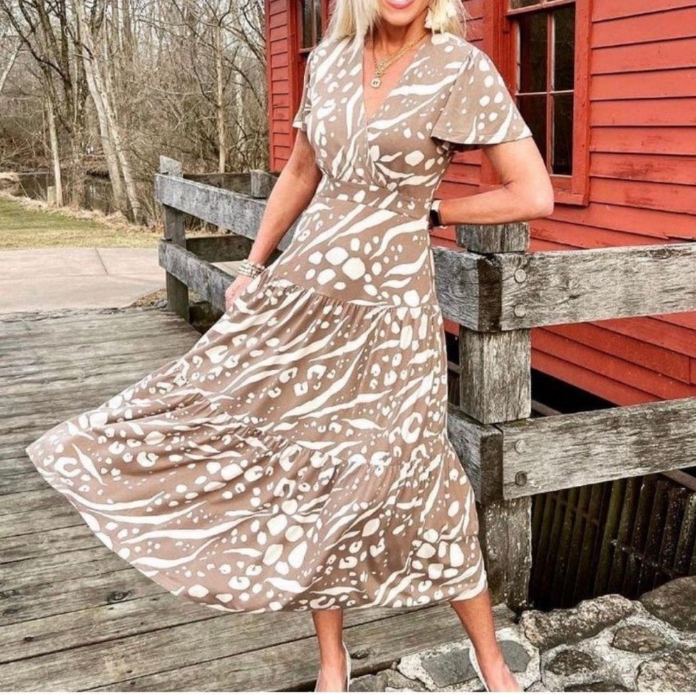 CAbi Brown and White Midi Dress